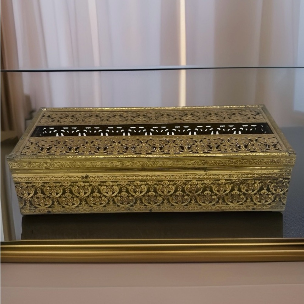 Vintage Gold Filigree Hinged Tissue Box Cover | Ornate Hollywood Regency Style